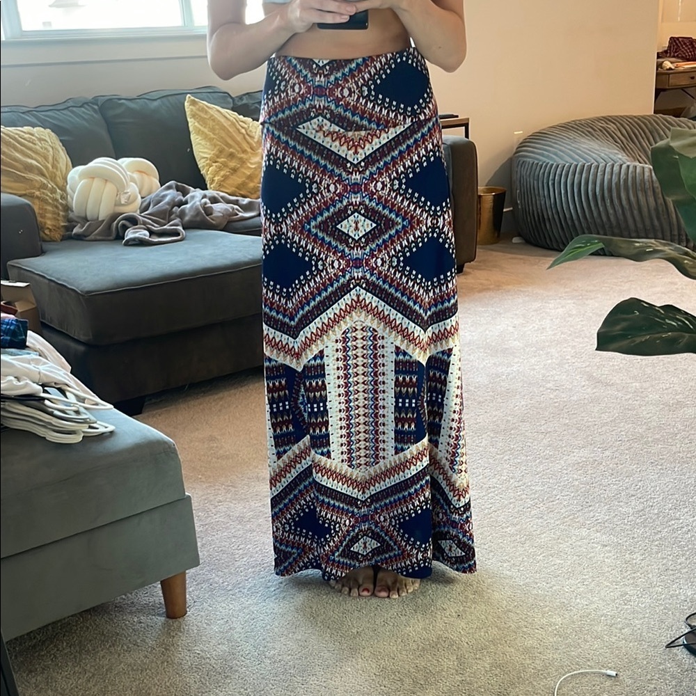 Living Doll Blue and Multicolored Geometric Maxi Skirt Resort Wear